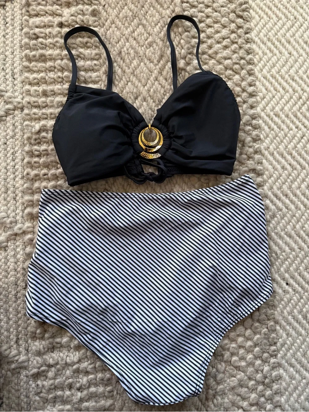 Black Bikini Top with High-Waist Black & White Striped Bottoms Swim Set 6 nwt